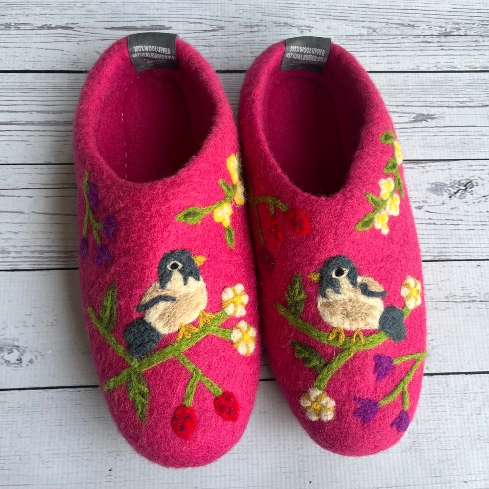 French Knot x Print Fresh 100% Wool Slippers House Shoes Floral Bird L 9-9.5